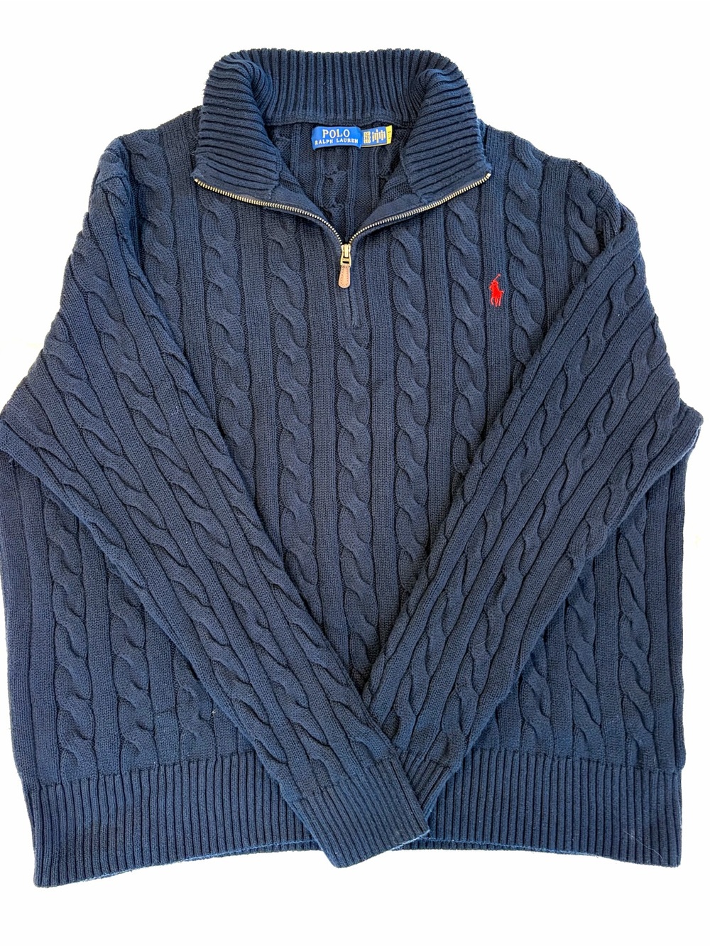 Polo by Ralph Lauren Navy Cable Knit Quarter-Zip Sweater with Red Pony XXL